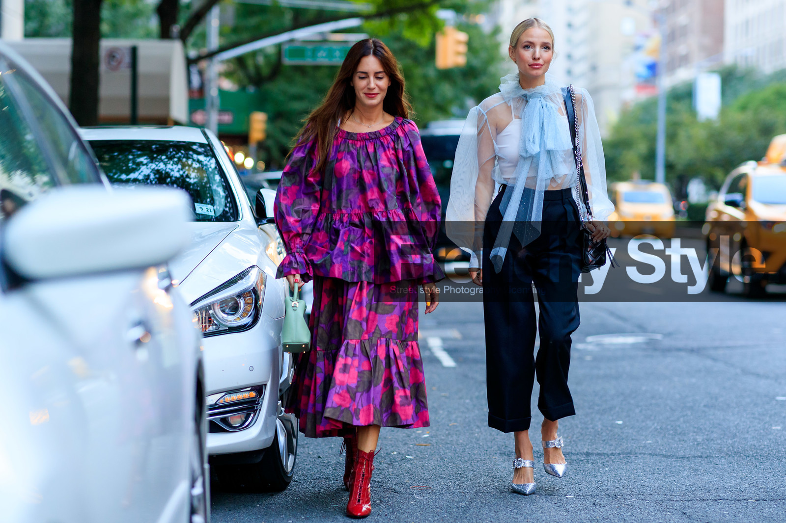 black pants, blue shirt, bow collar, crop top, floral, flowers, gala gonzalez, graphic skirt, green bag, high heels, high waist, leather bag, leather shoes, leonie hanne, marc jacobs, pink skirt, printed skirt, purple skirt, purple top, red boots, ruffles, see through, silver shoes, trousers, white tank top, street style, jonathan paciullo, FW, frenchystyle, fashion week, NEW YORK, NYFW, SPRING SUMMER 2020, SS 20, horizontal, atmosphere details, full length