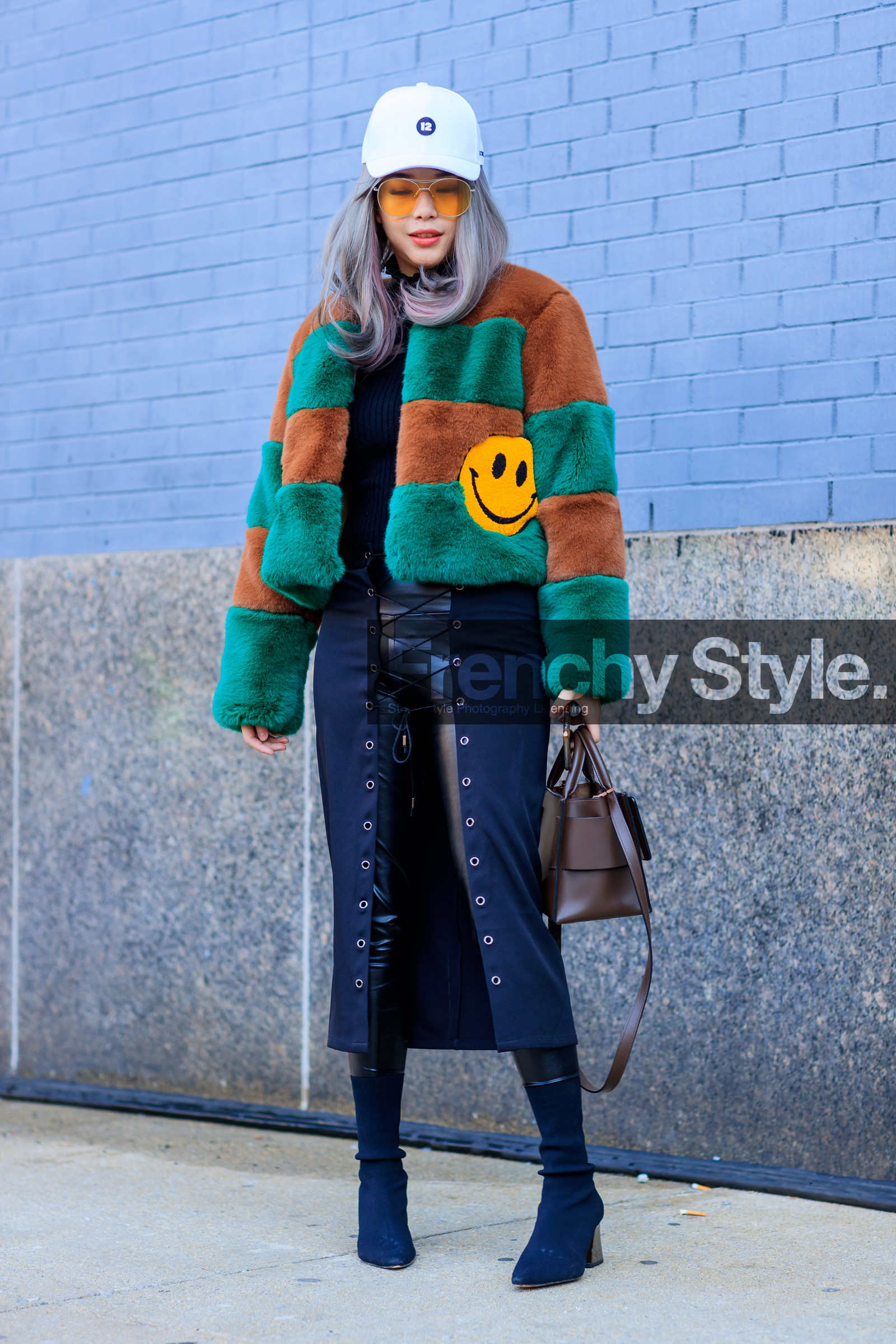 black dress, black pants, black shoes, brown bag, brown fur, dyed hair, fur jacket, green fur, high heels, leather bag, leather pants, leather shoes, smiley, striped jacket, trousers, white cap, street style, jonathan paciullo, FW, frenchystyle, fashion week, NYFW, NEW YORK, AUTUMN WINTER 2018-2019, AW 18-19, FALL WINTER 2018-2019, FW 18-19, vertical, full length