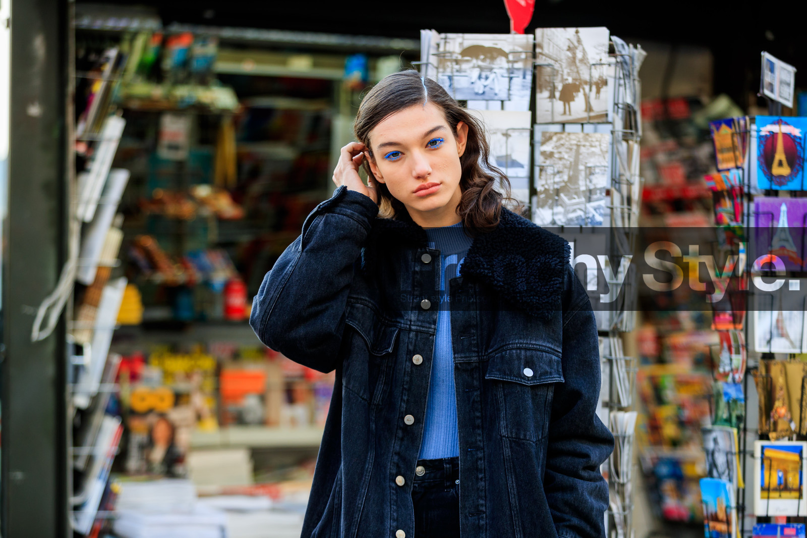 black denim, blue sweater, denim jacket, denim pants, eyelashes, fur collar, jeans, street style, jonathan paciullo, FW, frenchystyle, fashion week, PFW, PARIS, AUTUMN WINTER 2018-2019, FALL WINTER 2018-2019, FW 18-19, horizontal, atmosphere details, model, mckenna hellam