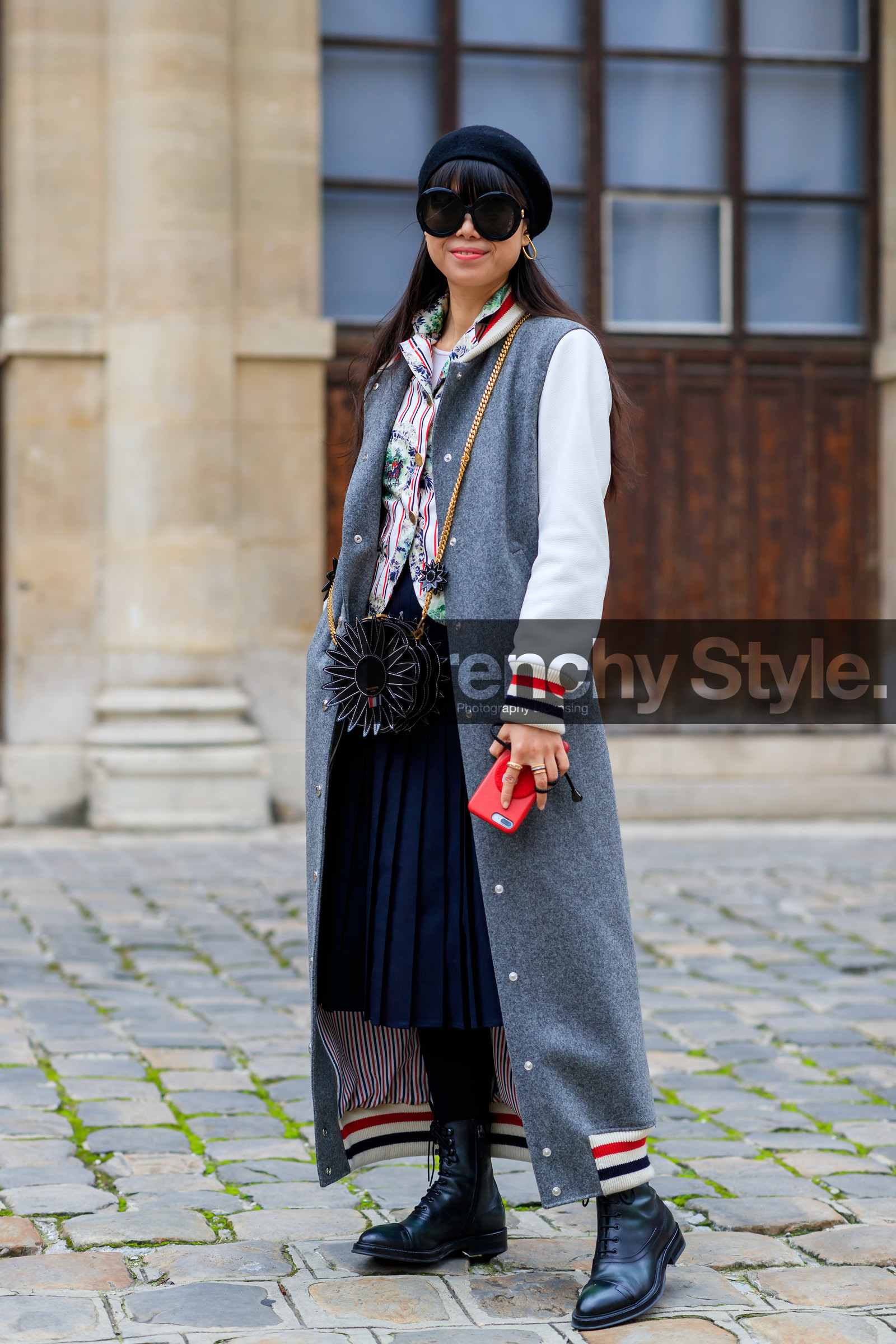 beret, black bag, black hat, black shoes, grey jacket, leaf greener, leather bag, leather shoes, navy skirt, pleated skirt, printed shirt, striped shirt, sunglasses, teddy jacket, thom browne, PARIS, PFW, street style, jonathan paciullo, FW, frenchystyle, fashion week, AUTUMN WINTER 2019-2020, AW 19-20, FALL WINTER 2019-2020, FW 19-20, vertical, full length