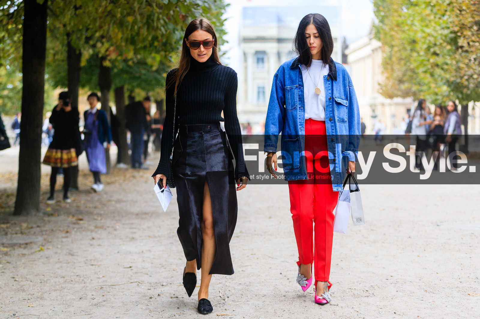 atmosphere details, black skirt, black slippers, black sweater, blue denim, denim jacket, embroidered slippers, fashion week, frenchystyle, full length, FW, gilda ambrosio, Giorgia Tordini, high heels, horizontal, jonathan paciullo, leather shoes, PARIS, PFW, pink shoes, red pants, SPRING SUMMER 2017, SS 17, street style, sunglasses, trousers, white shirt, white t shirt