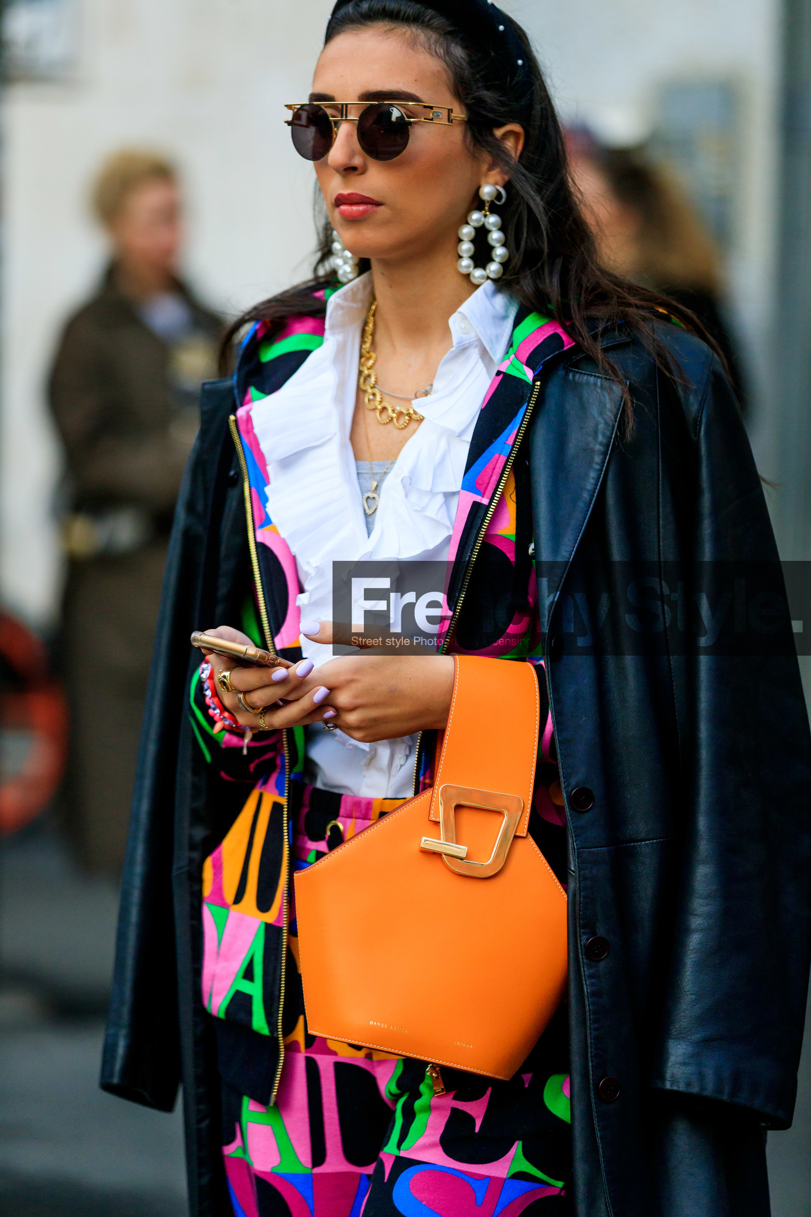 black coat, blazer, earrings, fuschia, graphic jacket, graphic skirt, leather bag, leather coat, multicolor jacket, multicolor pants, necklace, orange bag, over the shoulder, pearls, printed jacket, printed skirt, ruffles, sunglasses, white shirt, fashion week, frenchystyle, FW, jonathan paciullo, street style, MFW, MILAN, AUTUMN WINTER 2019-2020, AW 19-20, FALL WINTER 2019-2020, FW 19-20, vertical, atmosphere details, detail