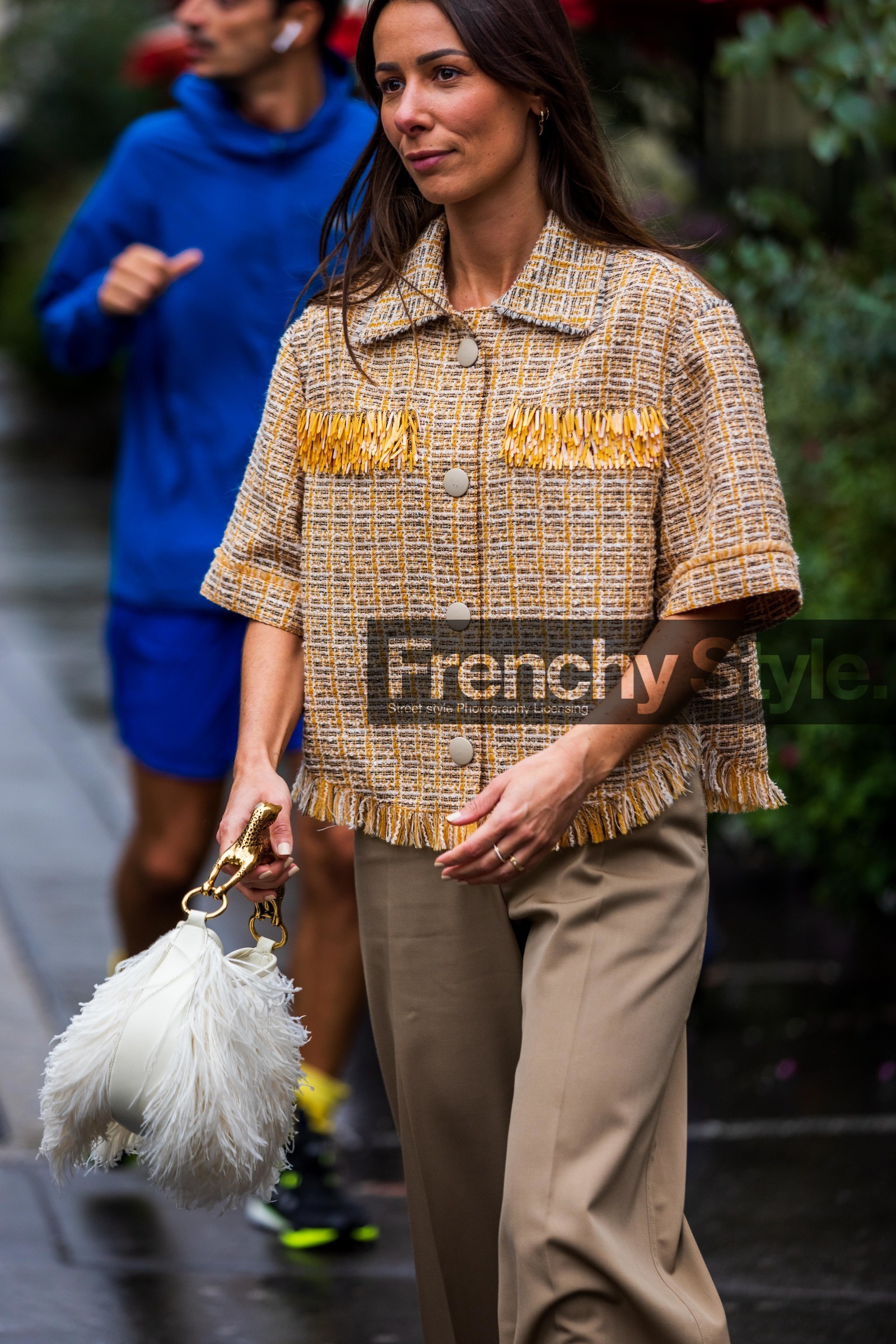 Alice Barbier, bag, beige pants, beige shirt, fringes, lanvin bag, pants, printed shirt, shirt, white bag, yellow shirt, fashion week, frenchystyle, FW, jonathan paciullo, street style, PFW, PARIS, SPRING SUMMER 2022, SS 22, vertical, atmosphere details
