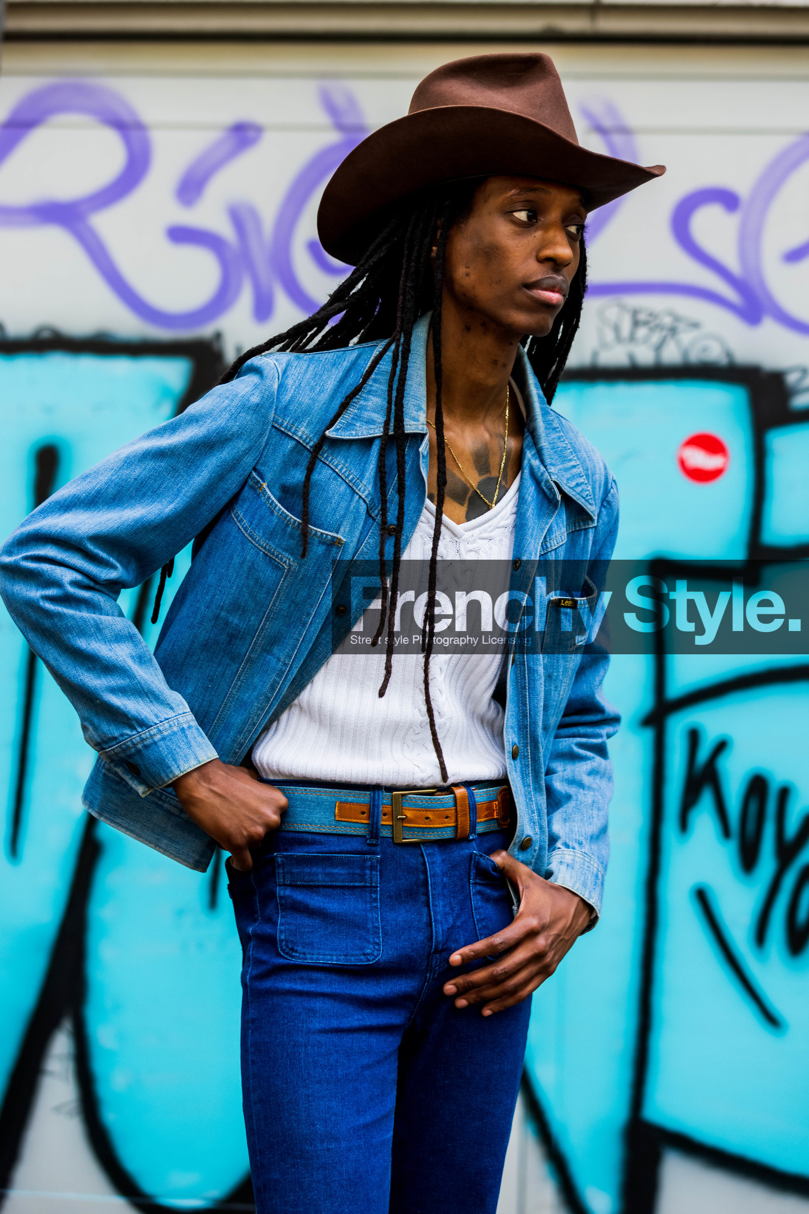 belt, cowboy, cowboy hat, denim, denim jacket, hat, jeans, menswear, white top, fashion week, frenchystyle, FW, jonathan paciullo, street style, MFW, MILAN, SPRING SUMMER 2022, SS 22, vertical, atmosphere details, detail