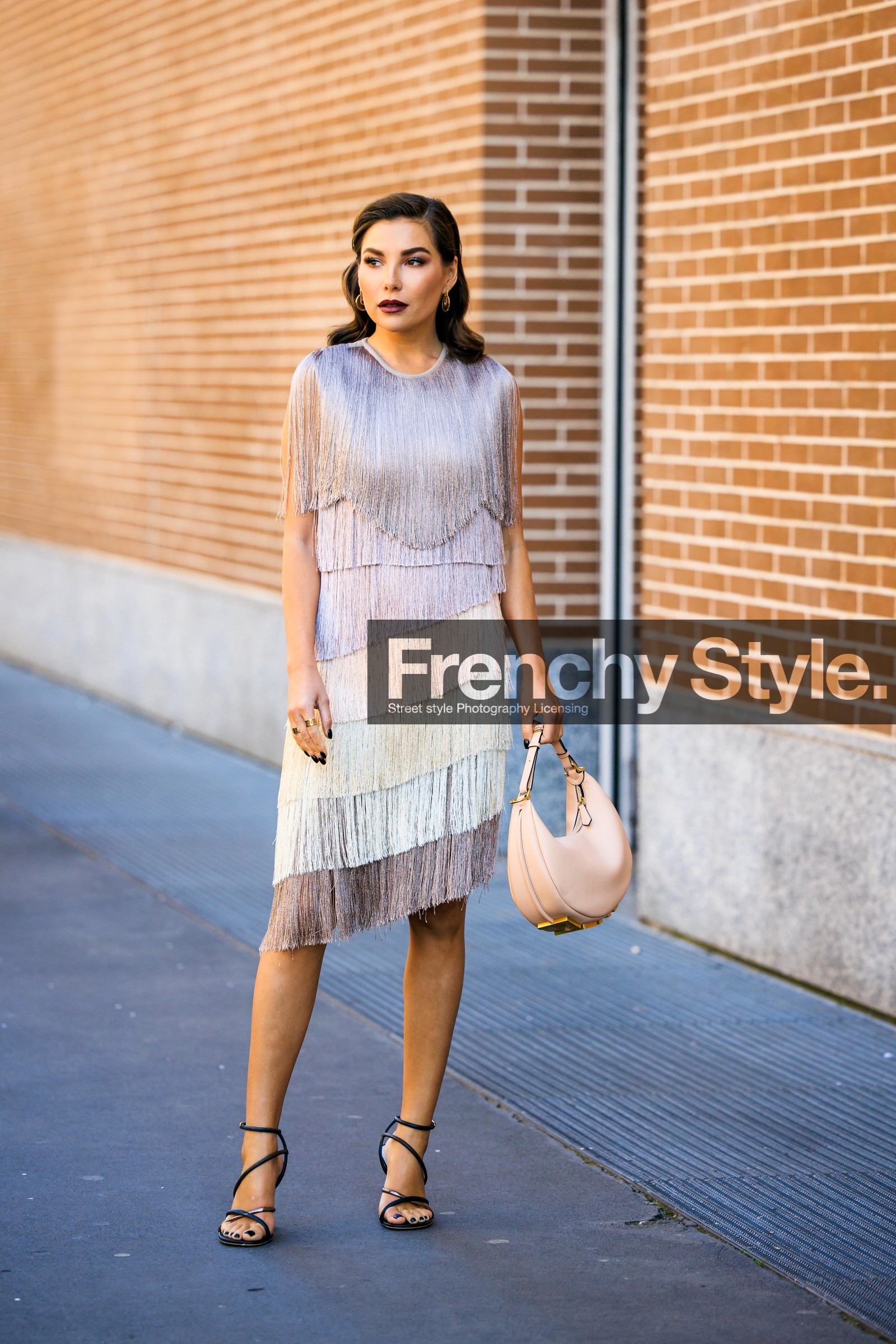 ruffles dress, midi dress, night dress, black sandals, fendi handbag, pink handbag, moon bag, charleston look, karina nigay, fashion week, frenchystyle, FW, jonathan paciullo, street style, MFW, MILAN, FALL WINTER 2022_2023, AUTUMN WINTER 2022-2023, FW 22-23, vertical, full length