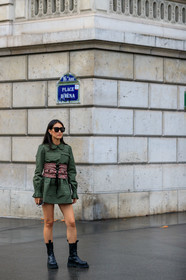justine lee, kaki dress, mini dress, miu miu dress, miu miu belt, miu miu look, pleated dress, long sleeves dress, corset belt, belted dress, checked belt, laced belt, ruffle dress, black leather boots, flat boots, checked boots, PARIS, PFW, SPRING SUMMER 2020, SS 20, fashion week, frenchystyle, FW, jonathan paciullo, street style, vertical, full length