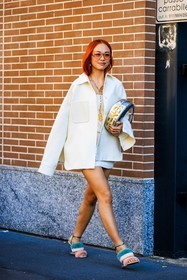 ginger hair, fluffy sandals, multicolor sandals, white jacket, mini dress, white mini dress, fendi handbag, silver handbag, fendi necklace, chain necklace, red sunglasses, fendi earrings, fashion week, frenchystyle, FW, jonathan paciullo, street style, MFW, MILAN, FALL WINTER 2022_2023, AUTUMN WINTER 2022-2023, FW 22-23, vertical, full length