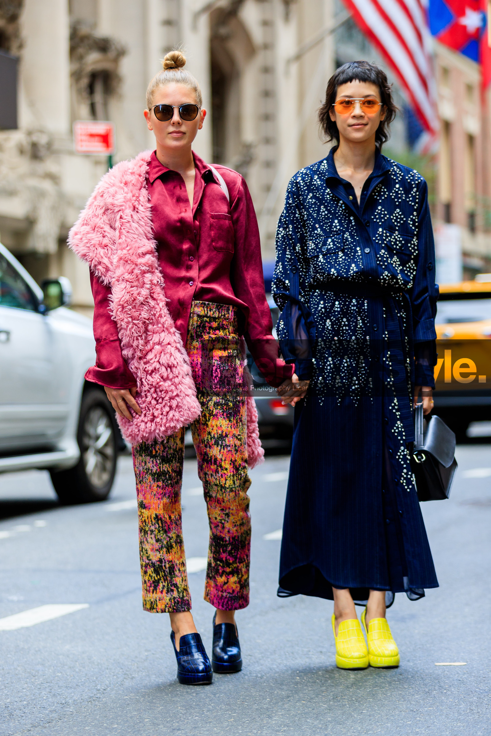 black bag, blue dress, blue shoes, embroidered dress, fashion week, frenchystyle, full length, fur scarf, fuschia, FW, high heels, jonathan paciullo, leather bag, leather shoes, megan bowman gray, NEW YORK, NYFW, patty lu, pearls, pink fur, pink pants, pink shirt, printed pants, red shirt, SPRING SUMMER 2017, SS 17, street style, sunglasses, trousers, vertical, woman, yellow boots