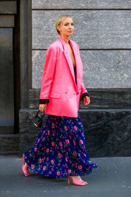navy blue dress, floral printed dress, pink dress, pink jacket, pink leather sandals, pleated dress, high heels slippers, high heels sandals, jacquemus bag, mini bag, hand bag, black leather bag, long dress, fashion week, frenchystyle, FW, jonathan paciullo, street style, MFW, MILAN, AUTUMN WINTER 2020-2021, FALL WINTER 2020-2021, FW 20-21, vertical, full length