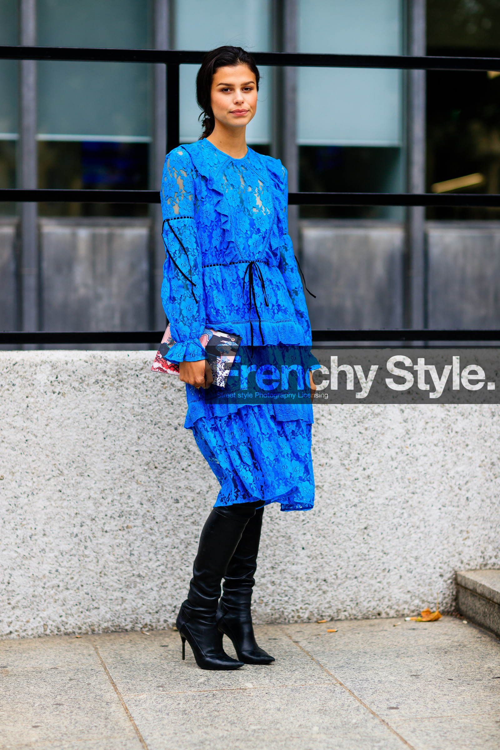 black shoes, blue dress, fashion week, frenchystyle, full length, FW, high boots, high heels, jonathan paciullo, lace dress, leather bag, leather boots, leather shoes, LFW, LONDON, printed bag, SPRING SUMMER 2017, SS 17, street style, vertical, woman