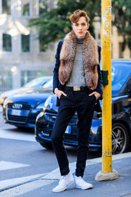 AUTUMN WINTER 2017-2018, AW 17-18, black pants, brown fur, FALL WINTER 2017-2018, fashion week, frenchystyle, full length, fur collar, FW, FW 17-18, grey sweater, jonathan paciullo, leather shoes, MFW, MILAN, model, street style, teddy quinlivan, trousers, vans, vertical, white sneakers