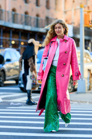 emili sindlev, pink jacket, pink coat, pink trench coat, green pants, animal skin jacket, animal skin coat, animal skin pants, white pullover, flare pants, fashion week, frenchystyle, FW, jonathan paciullo, street style, AUTUMN WINTER 2020-2021, FALL WINTER 2020-2021, FW 20-21, vertical, full length, NYFW, NEW YORK