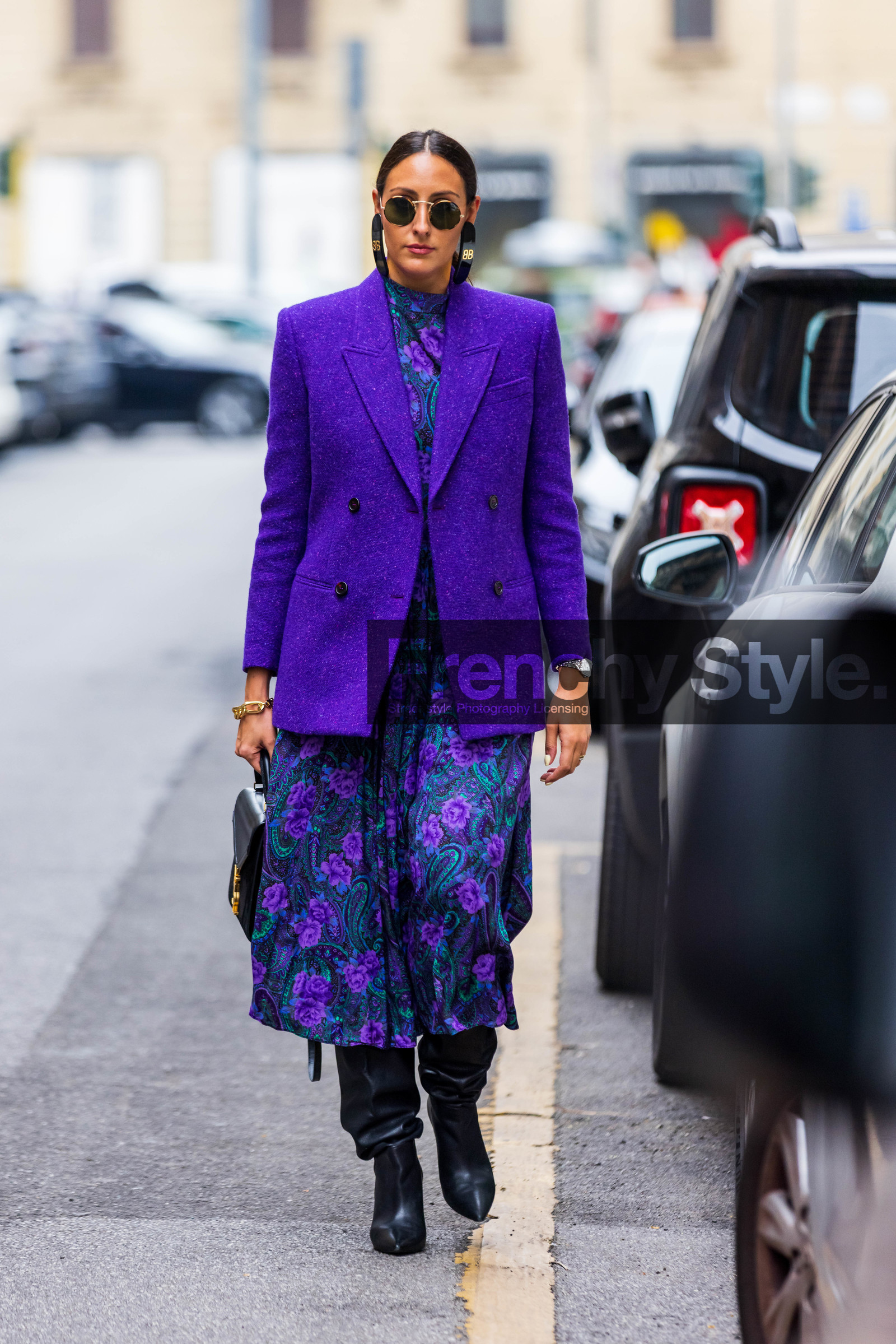 bag, balenciaga earrings, big earrings, black bag, black boots, boots, bra, color, flower, flower print, gold bracelet, leather bag, leather boots, print, printed dress, purple blazer, purple dress, saint laurent bag, silver watch, suede bag, sunglasses, watch, wool blazer, fashion week, frenchystyle, FW, jonathan paciullo, street style, SPRING SUMMER 2022, SS 22, MFW, MILAN, vertical, full length
