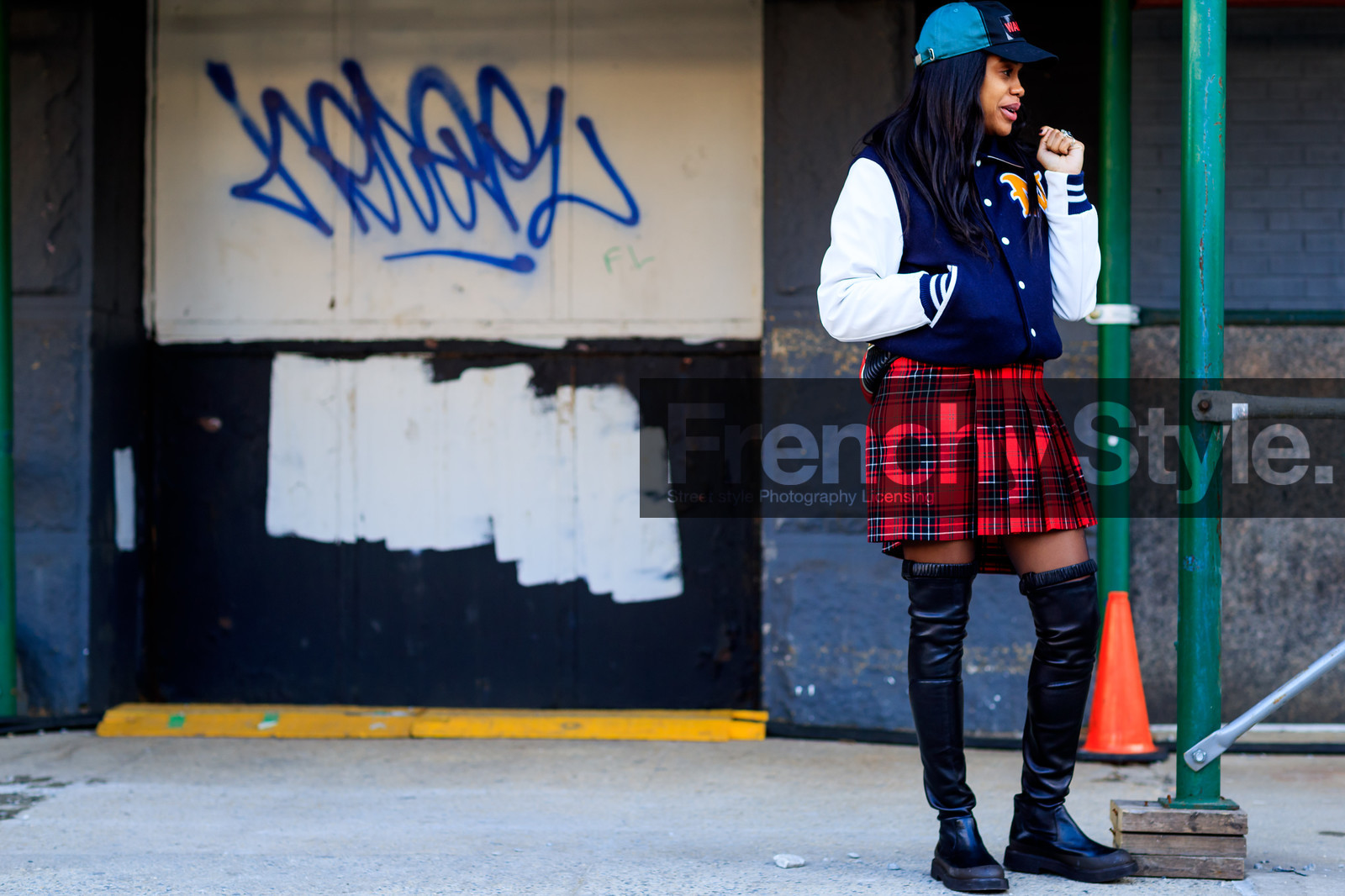 american, black cap, black shoes, checked, graphic jacket, graphic skirt, high boots, leather shoes, plaid, pleated skirt, printed jacket, printed skirt, red skirt, tartan, teddy jacket, street style, jonathan paciullo, FW, frenchystyle, fashion week, NYFW, NEW YORK, AUTUMN WINTER 2018-2019, AW 18-19, FALL WINTER 2018-2019, FW 18-19, atmosphere details, horizontal, full length, jan-michael quammie