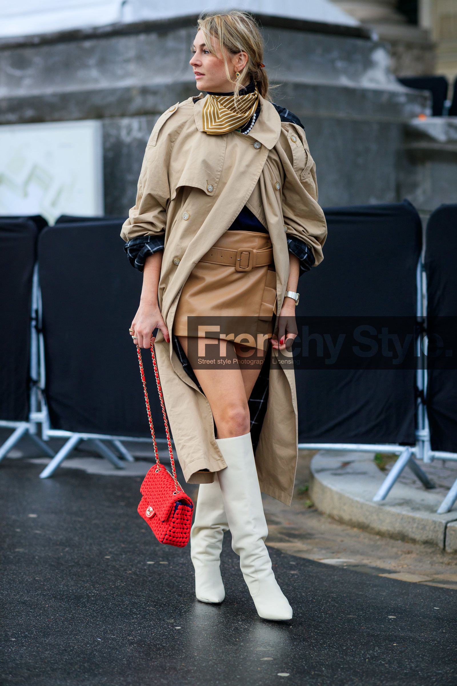 beige coat, beige scarf, beige shoes, beige skirt, camille charriere, chanel, earrings, high boots, high heels, leather bag, leather shoes, leather skirt, printed scarf, red bag, stripes, white shoes, PARIS, PFW, street style, jonathan paciullo, FW, frenchystyle, fashion week, AUTUMN WINTER 2019-2020, AW 19-20, FALL WINTER 2019-2020, FW 19-20, vertical, full length