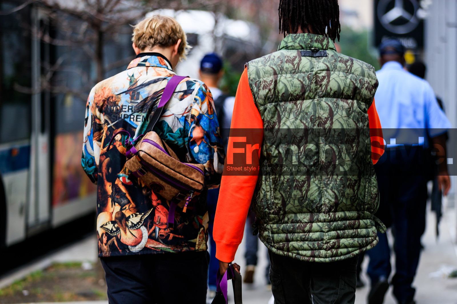 brown bag, graphic jacket, green jacket, leather bag, multicolor jacket, printed jacket, red sweater, sleeveless, supreme, trousers, street style, jonathan paciullo, FW, frenchystyle, fashion week, NYFW, NEW YORK, SPRING SUMMER 2019, SS 19, atmosphere details, horizontal, detail