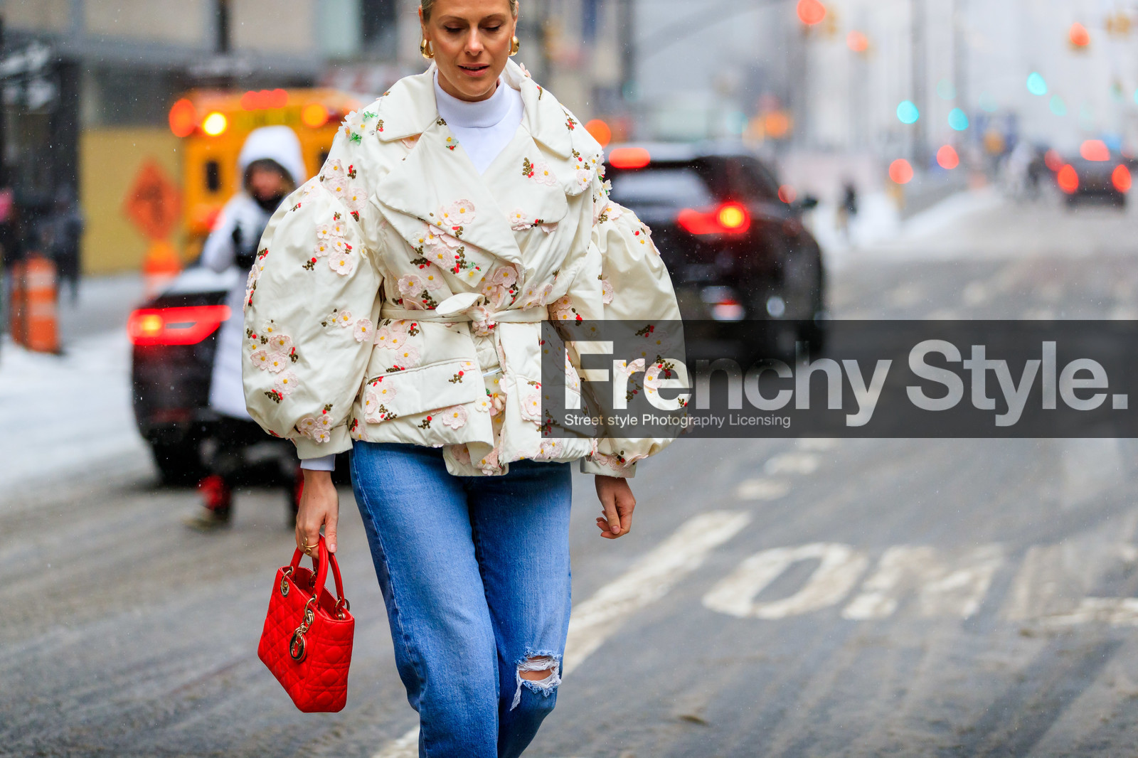 blue denim, christian dior, denim pants, earrings, embroidered jacket, floral, flowers, graphic jacket, jeans, leather bag, printed jacket, red bag, sarah ellen, trousers, turtleneck sweater, white jacket, white sweater, street style, jonathan paciullo, frenchystyle, NYFW, NEW YORK, AUTUMN WINTER 2019-2020, AW 19-20, FALL WINTER 2019-2020, FW 19-20, FW, fashion week, atmosphere details, horizontal, detail