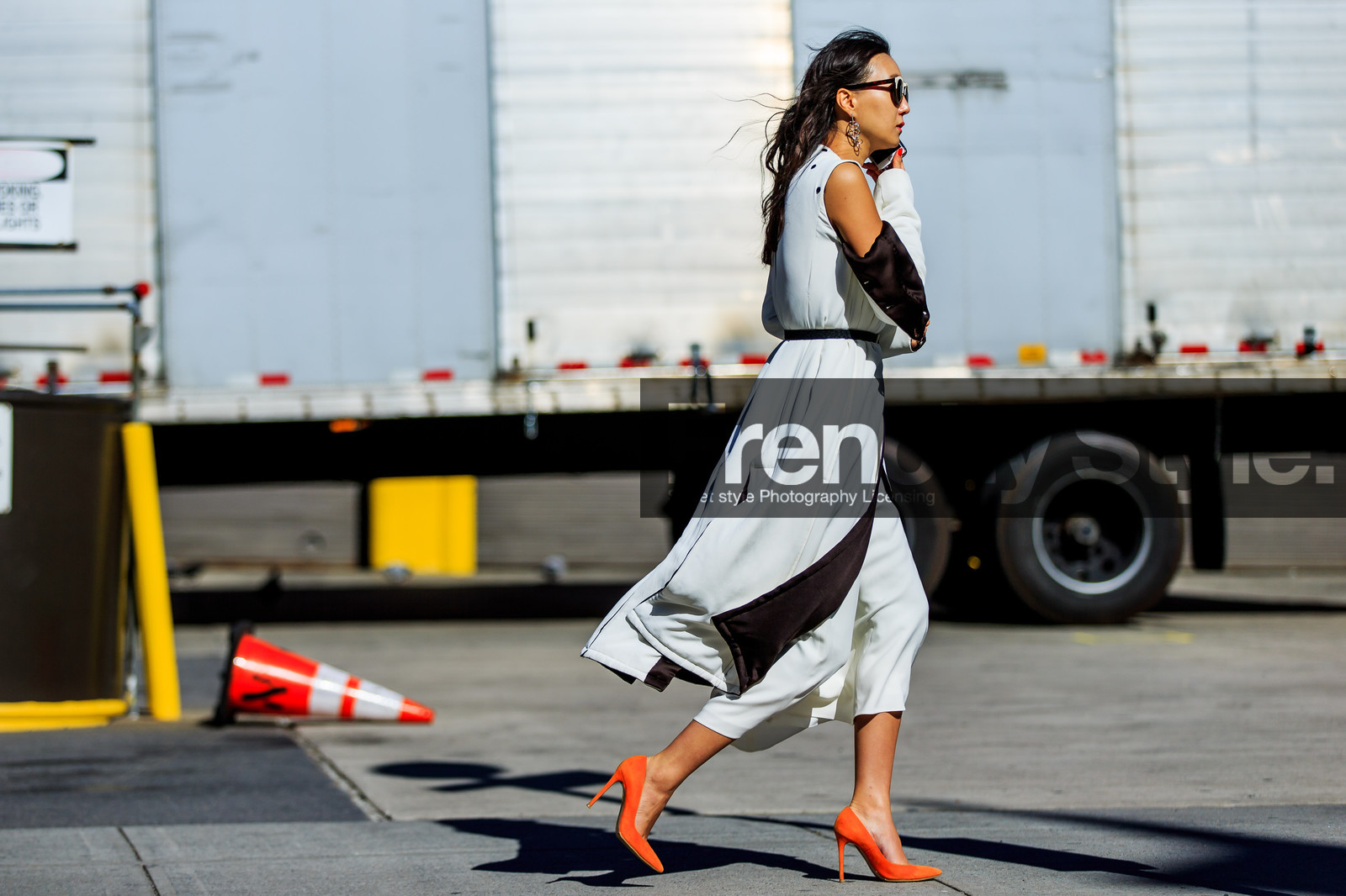 atmosphere details, AUTUMN WINTER 2016-2017, AW 16-17, blue jacket, céline, fashion week, frenchystyle, full length, FW, FW 16-17, high heels, horizontal, jonathan paciullo, long dress, NEW YORK, NYFW, orange sandals, sleeveless, street style, suede shoes, sunglasses, white dress, woman