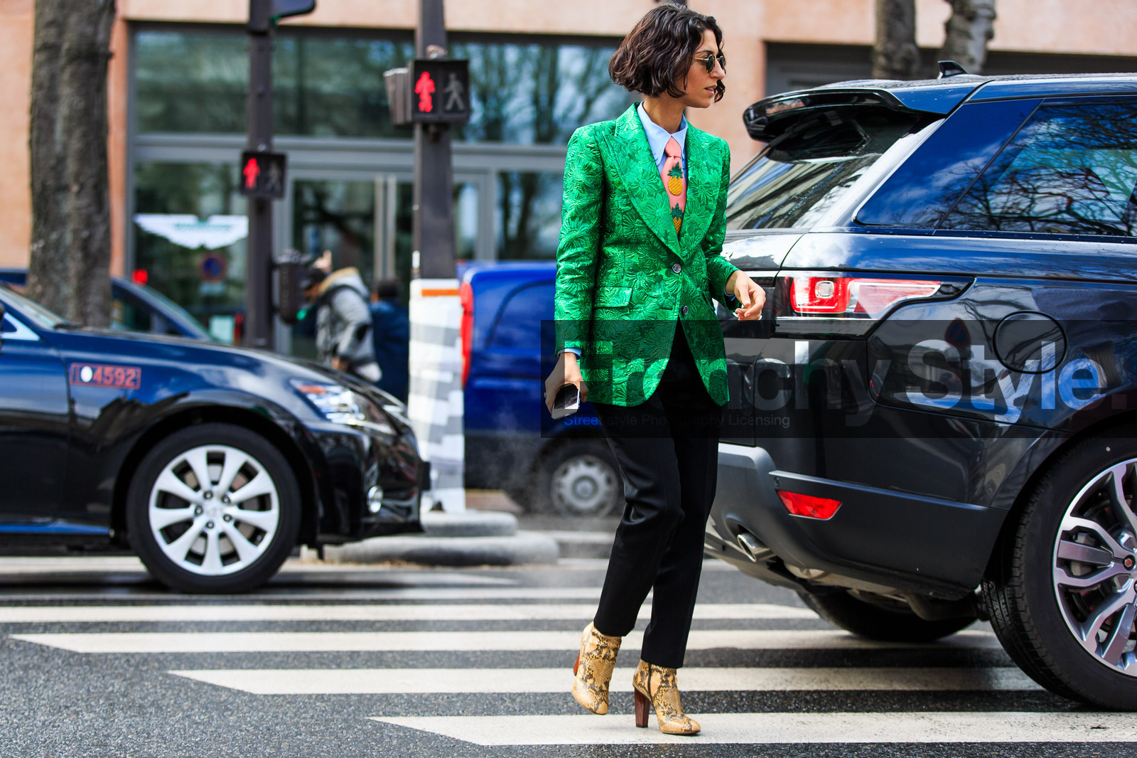 animal print, atmosphere details, AUTUMN WINTER 2016-2017, AW 16-17, black pants, blue shirt, FALL WINTER 2016-2017, fashion week, frenchystyle, full length, FW, FW 16-17, glitter, green jacket, high heels, horizontal, jonathan paciullo, leather boots, metallic jacket, PARIS, PFW, shiny, snake print, street style, sunglasses, tie, trousers, yasmine sewell