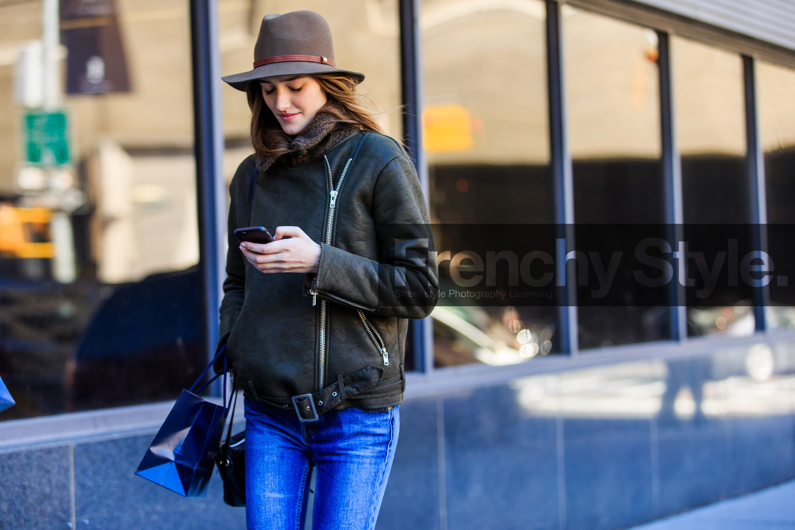 atmosphere details, AUTUMN WINTER 2016-2017, AW 16-17, black boots, blue denim, brown hat, denim pants, detail, fashion week, fedora, frenchystyle, fur collar, FW, FW 16-17, green jacket, horizontal, jeans, jonathan paciullo, josephine le tutour, leather boots, leather jacket, long hair, model, natural, NEW YORK, NYFW, skincare, skinny jeans, street style, trousers, woman