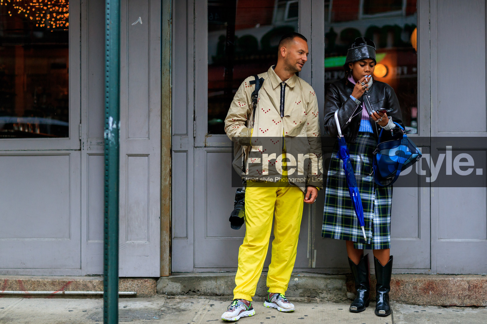 beige jacket, black hat, black jacket, black shoes, blue bag, calvin klein, camera, checked, graphic jacket, graphic skirt, green skirt, grey sneakers, jan-michael quammie, julien boudet, leather bag, leather jacket, leather shoes, loewe, plaid, printed jacket, printed skirt, tartan, trousers, yellow pants, street style, jonathan paciullo, FW, frenchystyle, fashion week, NYFW, NEW YORK, SPRING SUMMER 2019, SS 19, atmosphere details, horizontal, full length