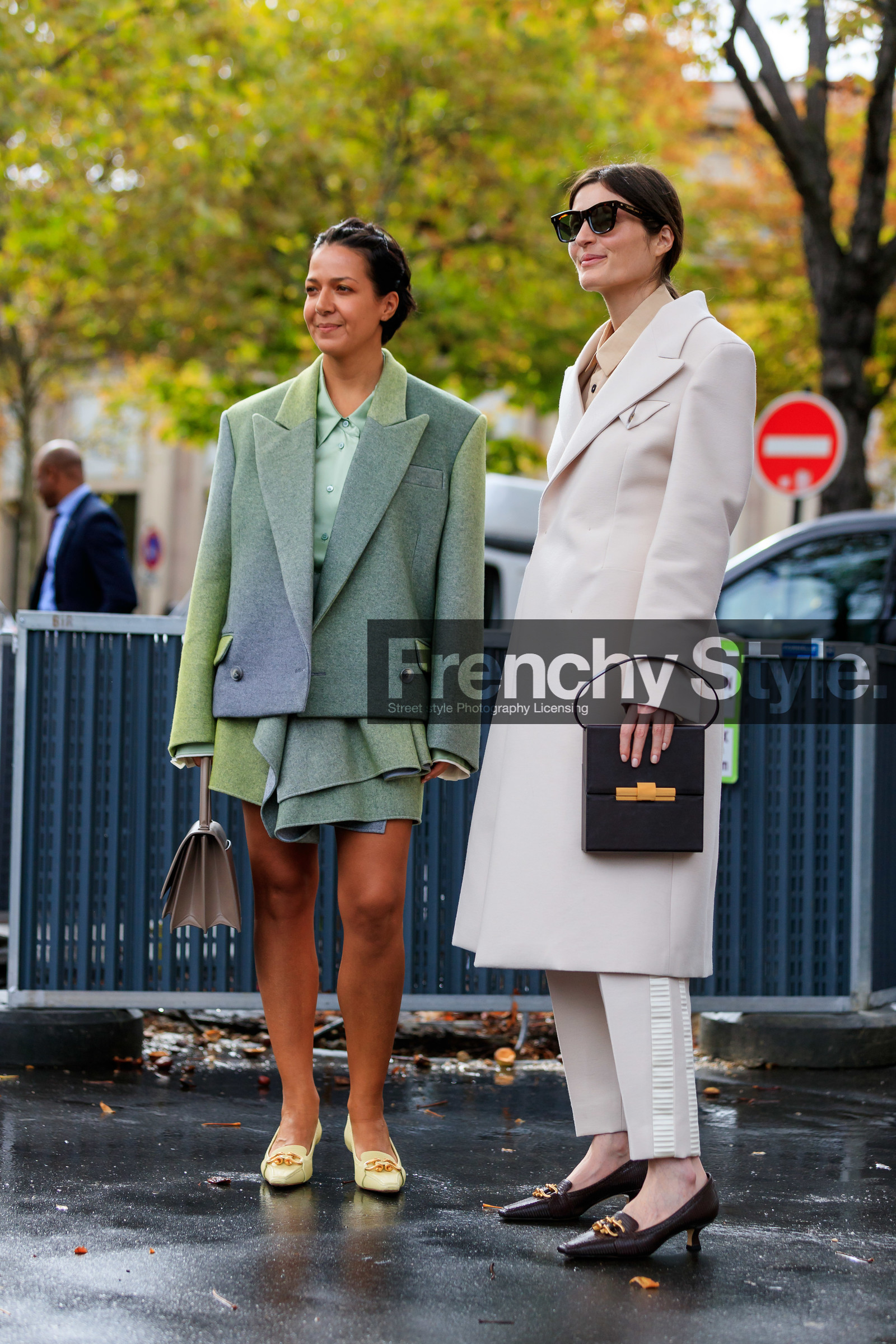 ruffle skirt, tie and dye jacket, tie and dye skirt, green jacket, green skirt, green shirt, satin shirt, light green leather shoes, celine shoes, golden buckle shoes, sharp end shoes, brown leather shoes, kitten heels shoes, black leather shoes, box bag, hand bag, white coat, white pants, scale sunglasses, celine sunglasses, PARIS, PFW, SPRING SUMMER 2020, SS 20, fashion week, frenchystyle, FW, jonathan paciullo, street style, vertical, full length