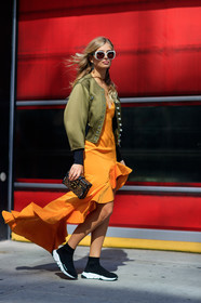 black shoes, black sneakers, bomber jacket, brown clutch, fashion week, frenchystyle, full length, FW, graphic bag, green jacket, jonathan paciullo, leather bag, leather shoes, louis vuitton, monogram, NEW YORK, NYFW, orange dress, printed bag, ruffles, SPRING SUMMER 2018, SS 18, street style, sunglasses, vertical, xenia van der woodsen