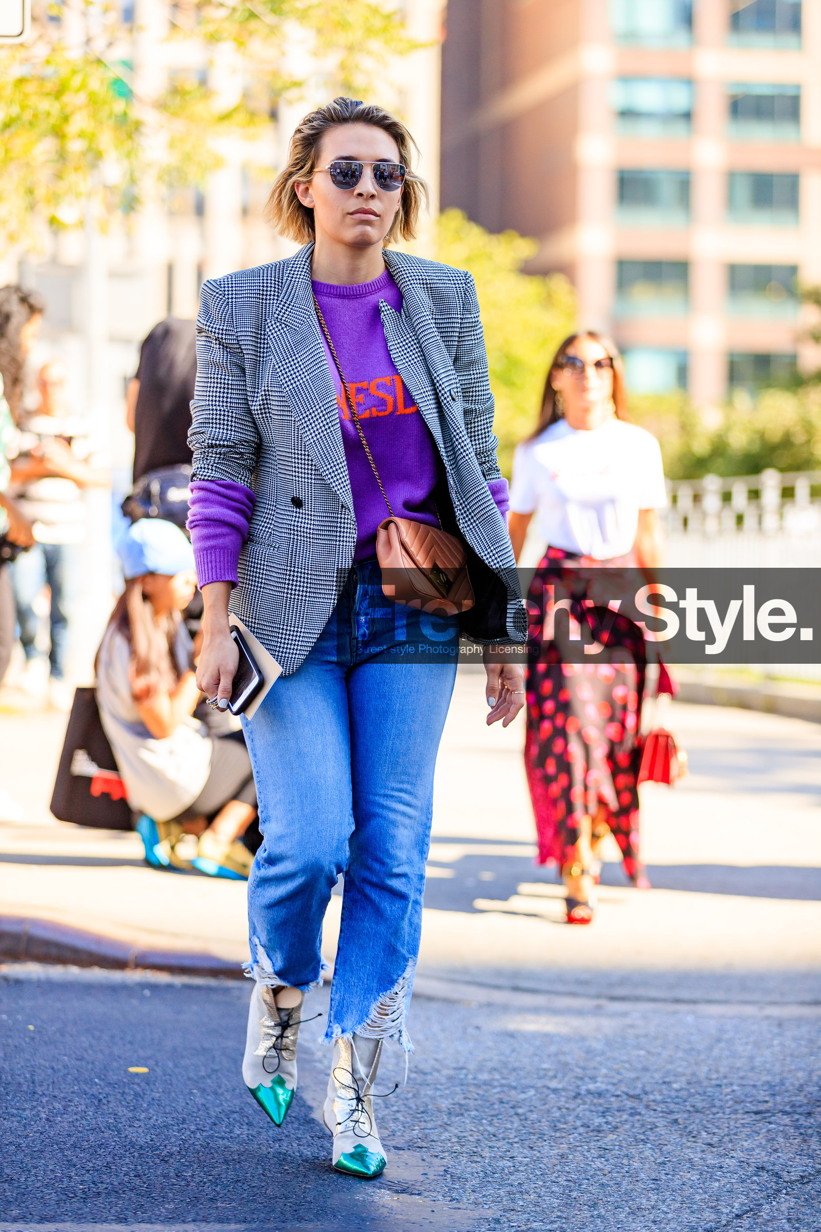 blazer, blue denim, chanel, checked jacket, denim pants, fashion week, frenchystyle, full length, FW, graphic jacket, grey boots, high heels, jeans, jonathan paciullo, leather bag, leather shoes, NEW YORK, NYFW, pink bag, plaid, printed jacket, purple sweater, SPRING SUMMER 2018, SS 18, street style, sunglasses, trousers, vertical