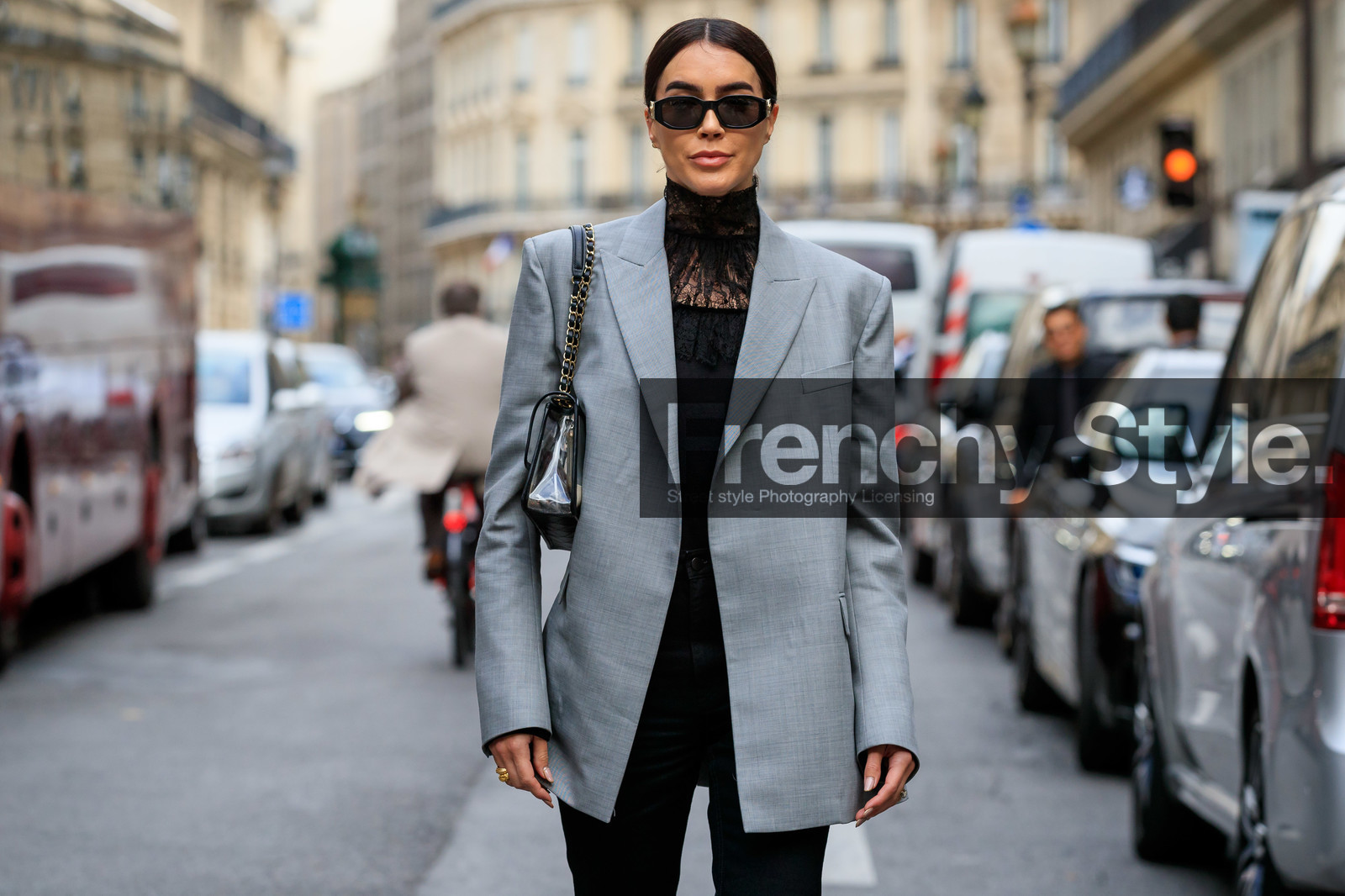 brittany xavier, light green jacket, black blouse, black denim pants, lace blouse, high collar blouse, black sunglasses, butterfly sunglasses, versace sunglasses, chanel bag, sheer bag, plastic bag, shoulder bag, chain strap bag, PARIS, PFW, SPRING SUMMER 2020, SS 20, fashion week, frenchystyle, FW, jonathan paciullo, street style, horizontal, atmosphere details, detail
