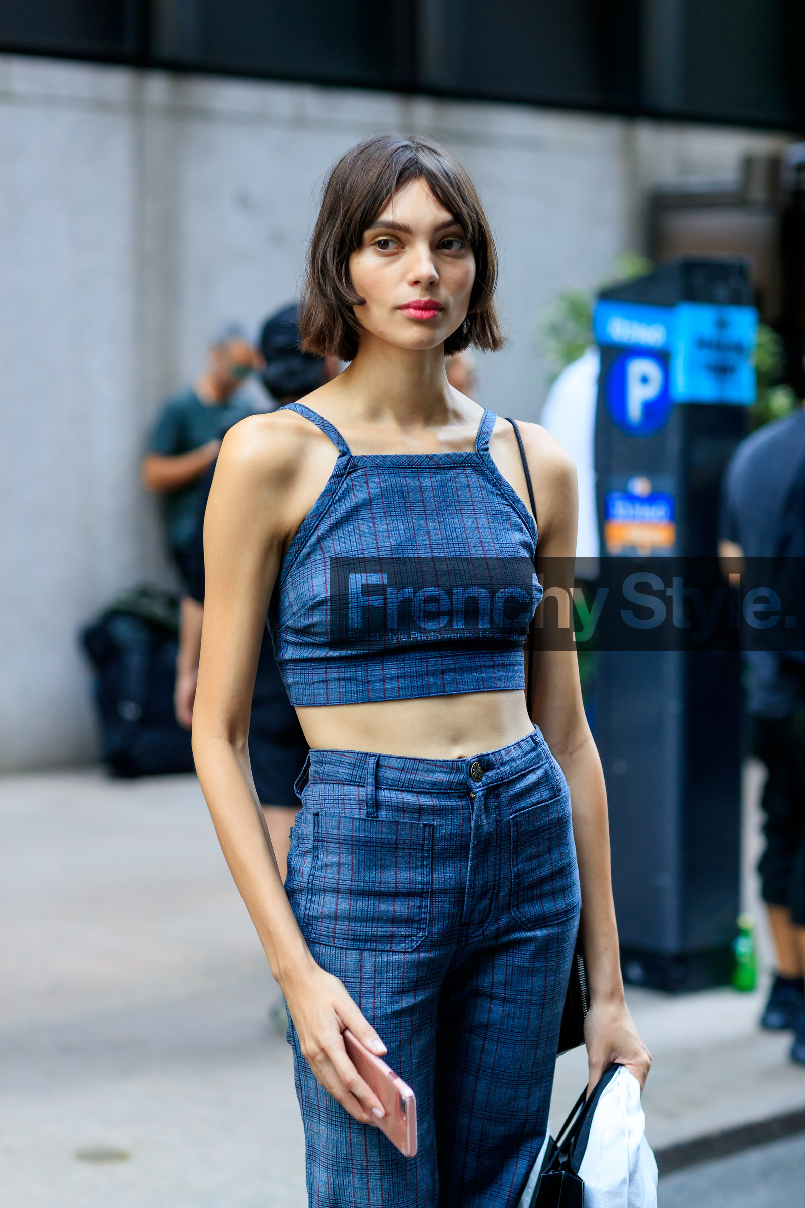 atmosphere details, blue denim, charlee fraser, checked pants, checked top, cropped top, denim pants, denim top, detail, fashion week, frenchystyle, FW, graphic pants, graphic top, jeans, jonathan paciullo, model, NEW YORK, NYFW, plaid, printed pants, printed top, SPRING SUMMER 2018, SS 18, street style, trousers, vertical
