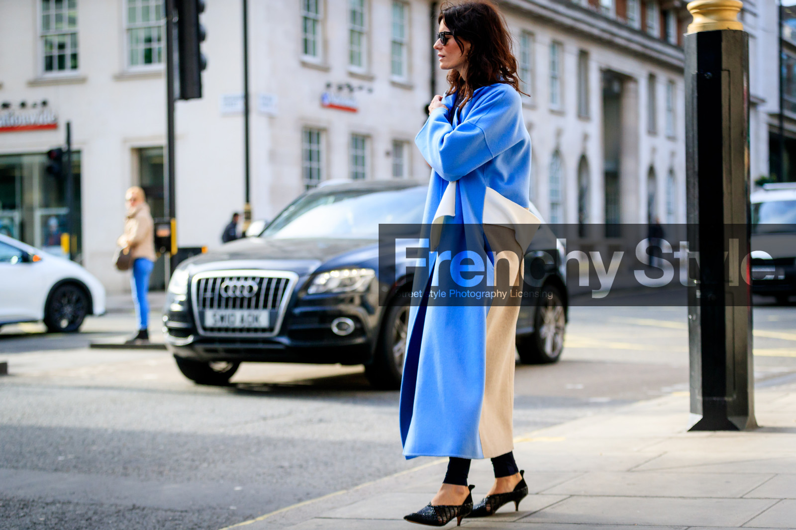 atmosphere details, AUTUMN WINTER 2017-2018, AW 17-18, black shoes, blue coat, blue denim, denim pants, FALL WINTER 2017-2018, fashion week, frenchystyle, full length, FW, FW 17-18, Hedvig Sagfjord Opshaug, high heels, horizontal, jeans, jonathan paciullo, leather shoes, LFW, LONDON, navy sweater, overcoat, street style, sunglasses, trousers