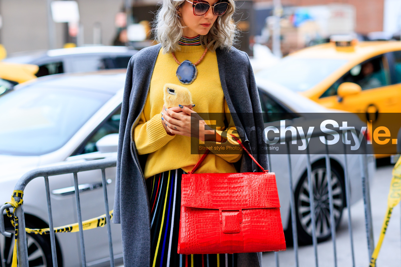 atmosphere details, AUTUMN WINTER 2017-2018, AW 17-18, black skirt, detail, FALL WINTER 2017-2018, fashion week, frenchystyle, FW, FW 17-18, grey cardigan, horizontal, iphone, jonathan paciullo, leather bag, multicolor skirt, necklace, NEW YORK, NYFW, pleated skirt, red bag, Samantha Angelo, street style, sunglasses, yellow sweater