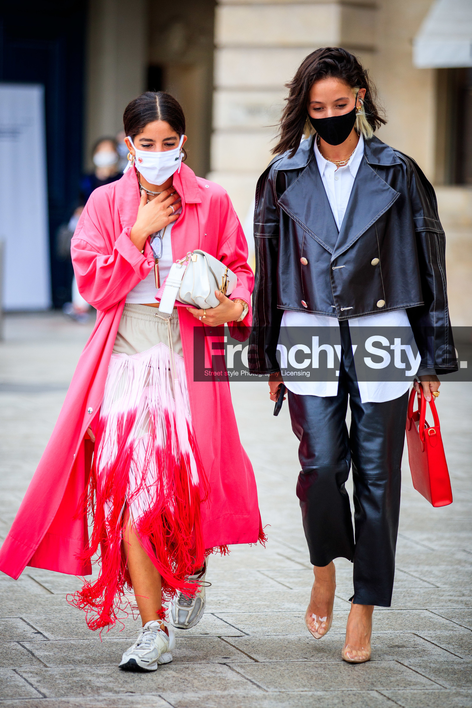 alexandra guerain, pink trench coat, pink skirt, fringe skirt, long skirt, tie and dye skirt, white leather bag, j w anderson bag, white sneakers, nike shoes, black jacket, black leather pants, black leather jacket, white shirt, red leather bag, victoria tomas bag, hand bag, carrot pants, sheer pumps, covid face mask, fashion week, frenchystyle, FW, jonathan paciullo, street style, PFW, PARIS, SPRING SUMMER 2021, SS 21, vertical, full length