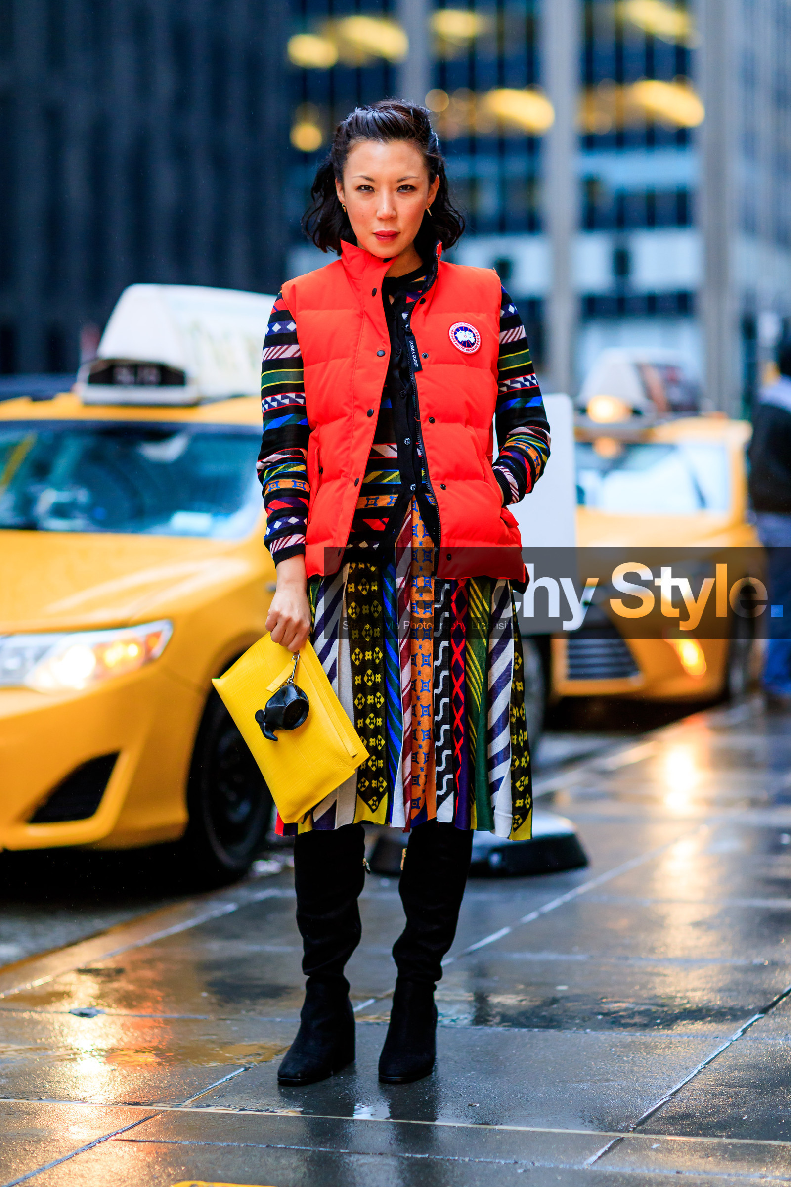 AUTUMN WINTER 2017-2018, AW 17-18, black boots, black shoes, canada goose, FALL WINTER 2017-2018, fashion week, frenchystyle, full length, FW, FW 17-18, graphic dress, high boots, high heels, jonathan paciullo, leather bag, leather shoes, loewe, multicolor dress, multicolor sweater, NEW YORK, NYFW, printed dress, red jacket, sleeveless, street style, stripes, vertical, yellow bag