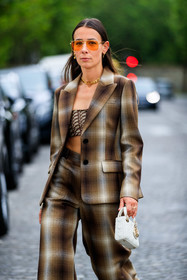 checked jacket, checked pants, checked suits, brown jacket, brown scarf, brown top, brown pants, flare pants, vintage look, orange sunglasses, aviator sunglasses, golden frame sunglasses, golden necklace, golden earrings, vogue sunglasses, monogrammed scarf, monogrammed top, logo printed scarf, logo printed top, cropped top, scarf top, big chain necklace, letters necklace, multi earrings, hoop earrings, dangling earrings, hearcuff, diamond earrings, pearl earrings, dior jacket, dior scarf, dior top, dior total look, dior necklace, dior bag, dior pants, lady dior bag, mini bag, white leather bag, quilted bag, fashion week, frenchystyle, FW, jonathan paciullo, street style, PFW, PARIS, SPRING SUMMER 2022, SS 22, vertical, atmosphere details, detail