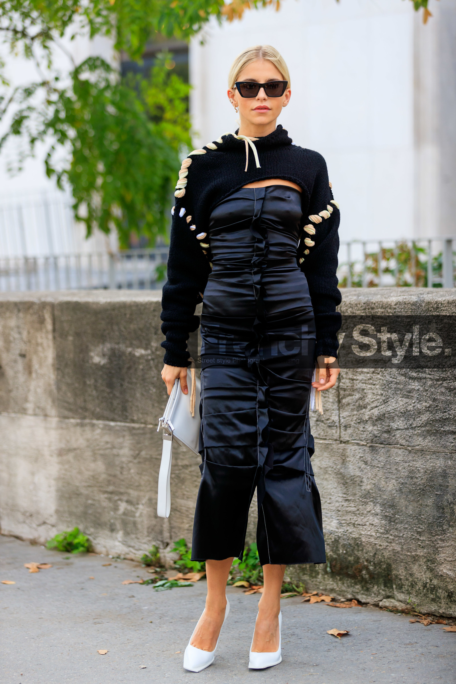 caro daur, acne studios shoes, acne studios look, acne studios dress, acne studios pullover, black pullover, black dress, cropped pullover, laced pullover, satin dress, long dress, pleated dress, drape dress, tight dress, white leather clutch, white leather shoes, squared toed shoes, futurist shape sunglasses, saint laurent sunglasses, strapless dress, fashion week, frenchystyle, FW, jonathan paciullo, street style, SPRING SUMMER 2020, SS 20, PFW, PARIS, vertical, full length