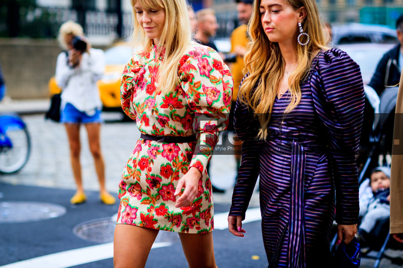 black belt, earrings, emili sindlev, floral, flowers, graphic dress, jeanette madsen, leather belt, printed dress, purple dress, stripes, street style, jonathan paciullo, FW, frenchystyle, fashion week, NYFW, NEW YORK, SPRING SUMMER 2019, SS 19, atmosphere details, horizontal, detail