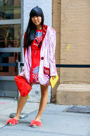 animal print, fashion week, frenchystyle, full length, fur shoes, FW, jonathan paciullo, leather bag, leopard, leopard print, NEW YORK, NYFW, pink jacket, printed dress, red bag, red dress, red shoes, SPRING SUMMER 2018, SS 18, street style, susie lau, vertical