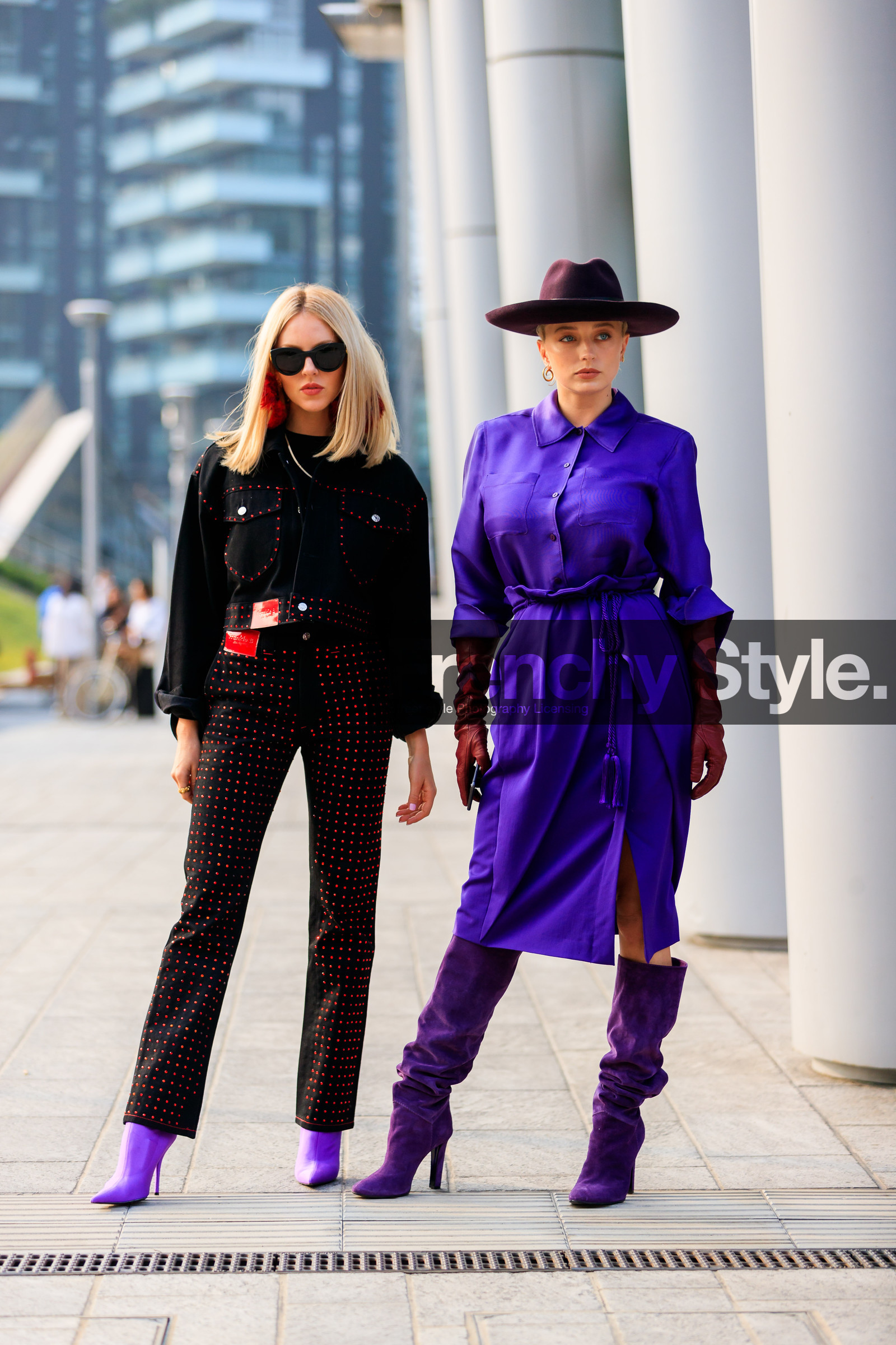 black denim, black jacket, black pants, caroline vreeland, denim jacket, denim pants, earrings, graphic jacket, graphic pants, high heels, jeans, leather gloves, leather shoes, polka dot, printed jacket, printed pants, purple boots, purple dress, purple hat, red gloves, shea marie, studs, sunglasses, trousers, fashion week, frenchystyle, FW, jonathan paciullo, street style, MFW, MILAN, SPRING SUMMER 2019, SS 19, vertical, full length