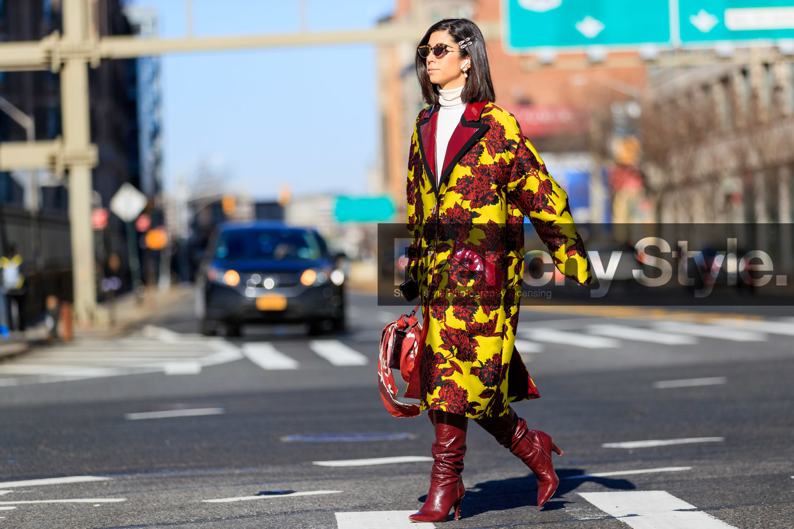 bordeaux, burgundy, floral, graphic jacket, high boots, high heels, leather bag, leather shoes, printed jacket, red bag, red boots, sunglasses, white sweater, yellow coat, street style, jonathan paciullo, frenchystyle, NYFW, NEW YORK, AUTUMN WINTER 2019-2020, AW 19-20, FALL WINTER 2019-2020, FW 19-20, fashion week, FW, atmosphere details, horizontal, full length