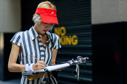 atmosphere details, black and white, detail, fashion week, frenchystyle, FW, graphic jumpsuit, horizontal, jonathan paciullo, NEW YORK, NYFW, printed jumpsuit, red cap, SPRING SUMMER 2018, SS 18, street style, striped jumpsuit