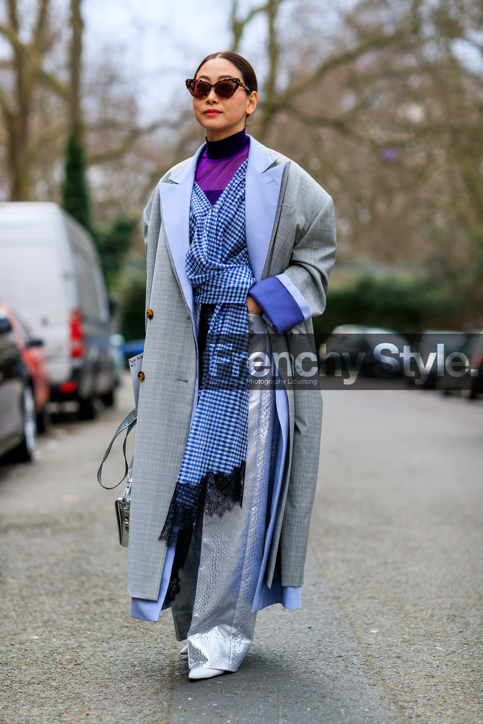 blue dress, gingham, graphic dress, grey coat, high heels, leather pants, printed dress, purple top, shiny pants, silver pants, sunglasses, trousers, street style, jonathan paciullo, FW, frenchystyle, fashion week, LFW, LONDON, AUTUMN WINTER 2018-2019, AW 18-19, FALL WINTER 2018-2019, FW 18-19, vertical, full length, maiko shibata