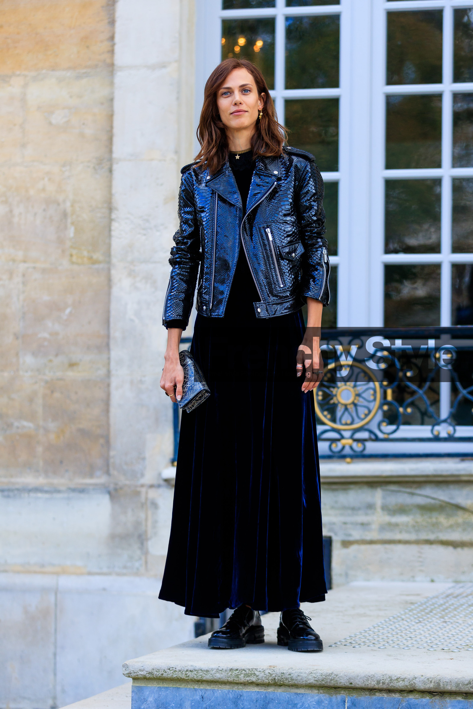 aymeline valade, black bag, black dress, black jacket, black perfecto, black shoes, fashion week, frenchystyle, full length, FW, graphic bag, jonathan paciullo, leather bag, leather jacket, leather perfecto, leather shoes, PARIS, PFW, printed bag, SPRING SUMMER 2018, SS 18, street style, velvet, vertical