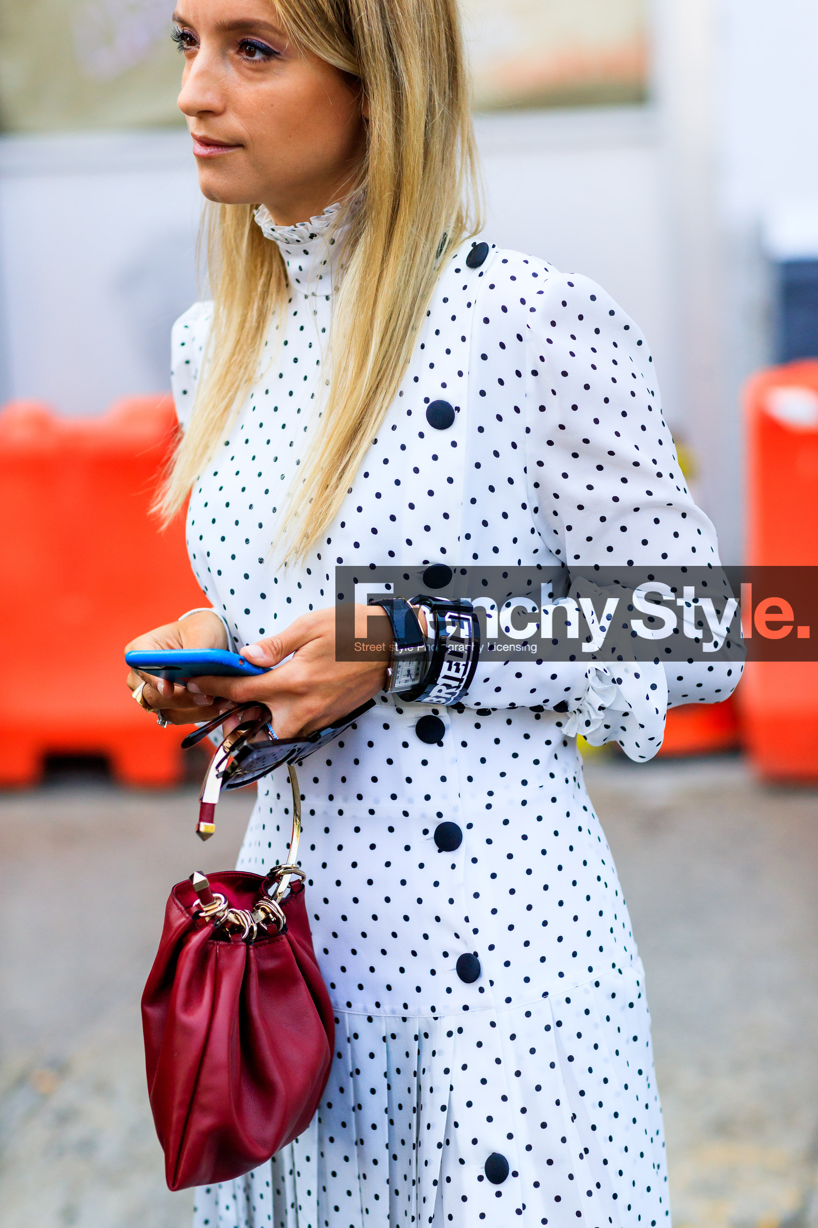 atmosphere details, bracelet, Charlotte Groeneveld, detail, fashion week, frenchystyle, FW, graphic dress, jonathan paciullo, leather bag, NEW YORK, NYFW, pleats, polka dot, printed dress, red bag, SPRING SUMMER 2018, SS 18, street style, vertical, white dress