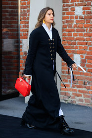 black dress, black shoes, earrings, high heels, leather bag, leather shoes, red bag, ruffles, white shirt, fashion week, frenchystyle, FW, jonathan paciullo, street style, MFW, MILAN, AUTUMN WINTER 2018-2019, FALL WINTER 2018-2019, FW 18-19, vertical, full length