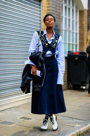 blue dress, blue shirt, brooch, donna wallace, dr martens, embroideries, fashion week, frenchystyle, full length, FW, golden jewelry, jonathan paciullo, leather shoes, LFW, LONDON, necklace, SPRING SUMMER 2017, SS 17, street style, vertical, white boots, woman