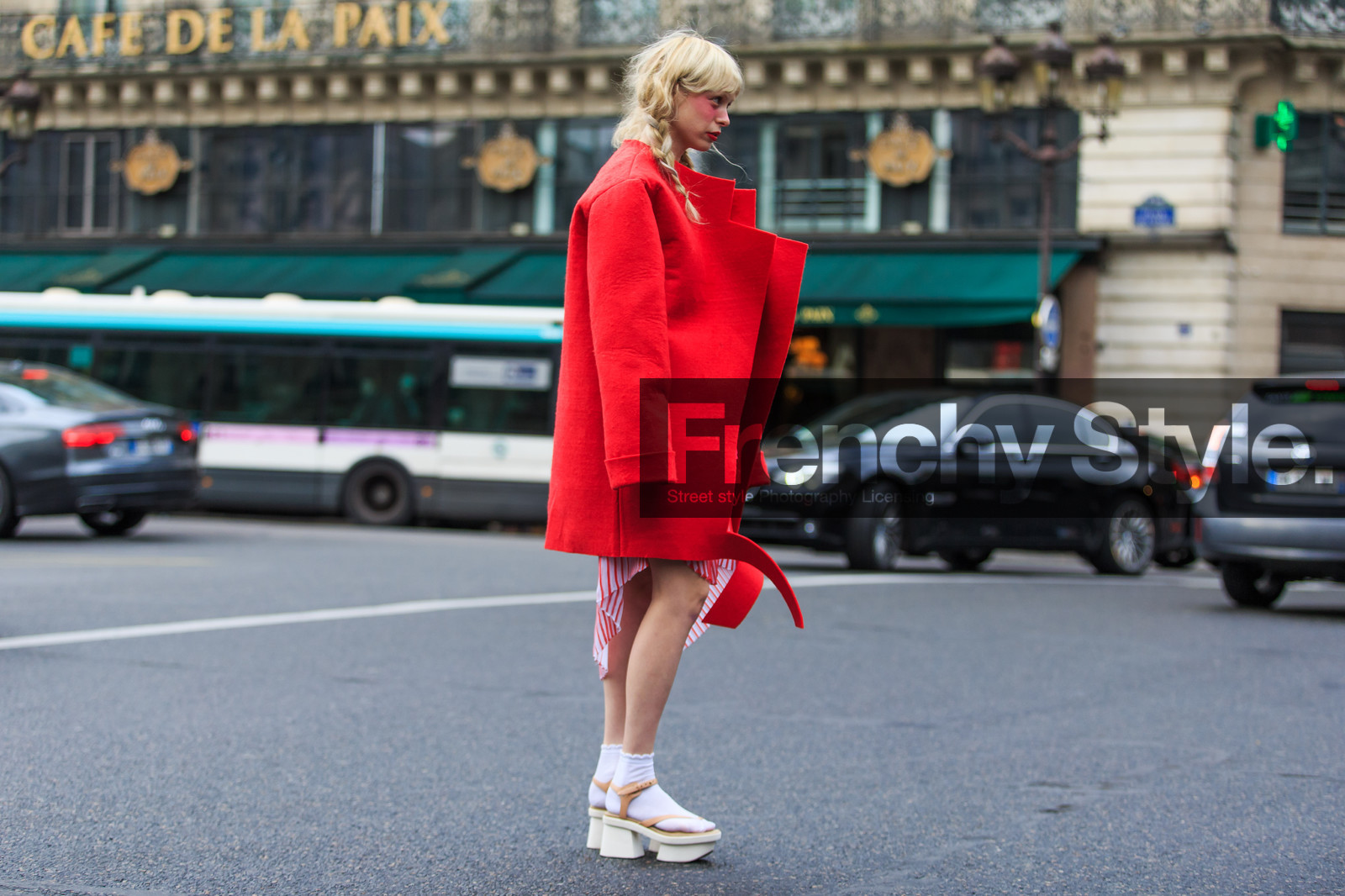 atmosphere details, AUTUMN WINTER 2016-2017, AW 16-17, braids, FALL WINTER 2016-2017, fashion week, frenchystyle, full length, FW, FW 16-17, horizontal, jonathan paciullo, leather shoes, oversize, PARIS, PFW, pleated dress, red coat, red dress, street style, tabi shoes, white socks