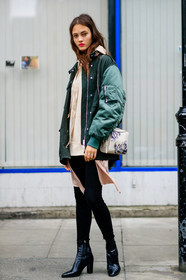 beige bag, beige sweater, black leggings, black shoes, bomber jacket, fashion week, frenchystyle, full length, FW, green jacket, greta varlese, high heels, hoodie, jonathan paciullo, leather bag, leather boots, leather shoes, LFW, LONDON, model, printed bag, red lips, SPRING SUMMER 2017, SS 17, street style, vertical, woman