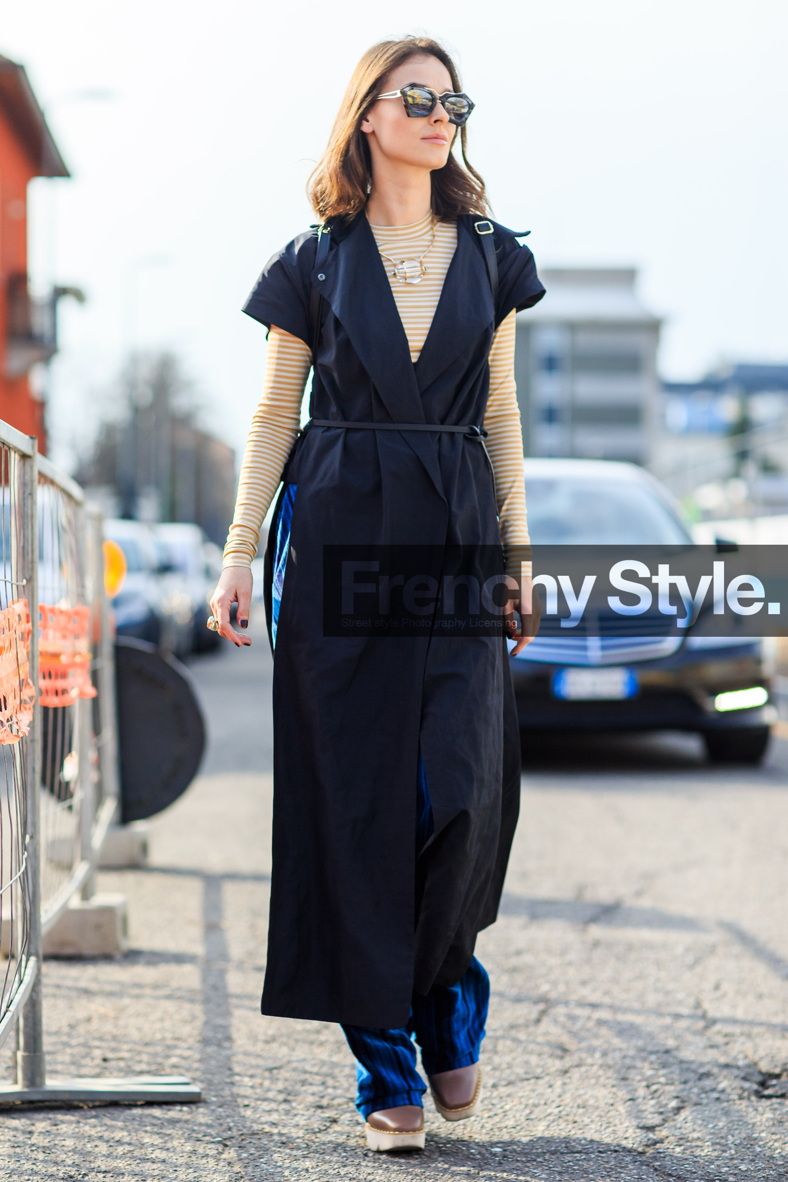 AUTUMN WINTER 2016-2017, AW 16-17, black belt, black dress, black shirt, blue pants, FALL WINTER 2016-2017, fashion week, frenchystyle, full length, FW, FW 16-17, jonathan paciullo, leather belt, LFW, LONDON, long shirt, MENSWEAR, shirt dress, street style, striped sweater, stripes, sunglasses, trousers, vertical, yellow sweater