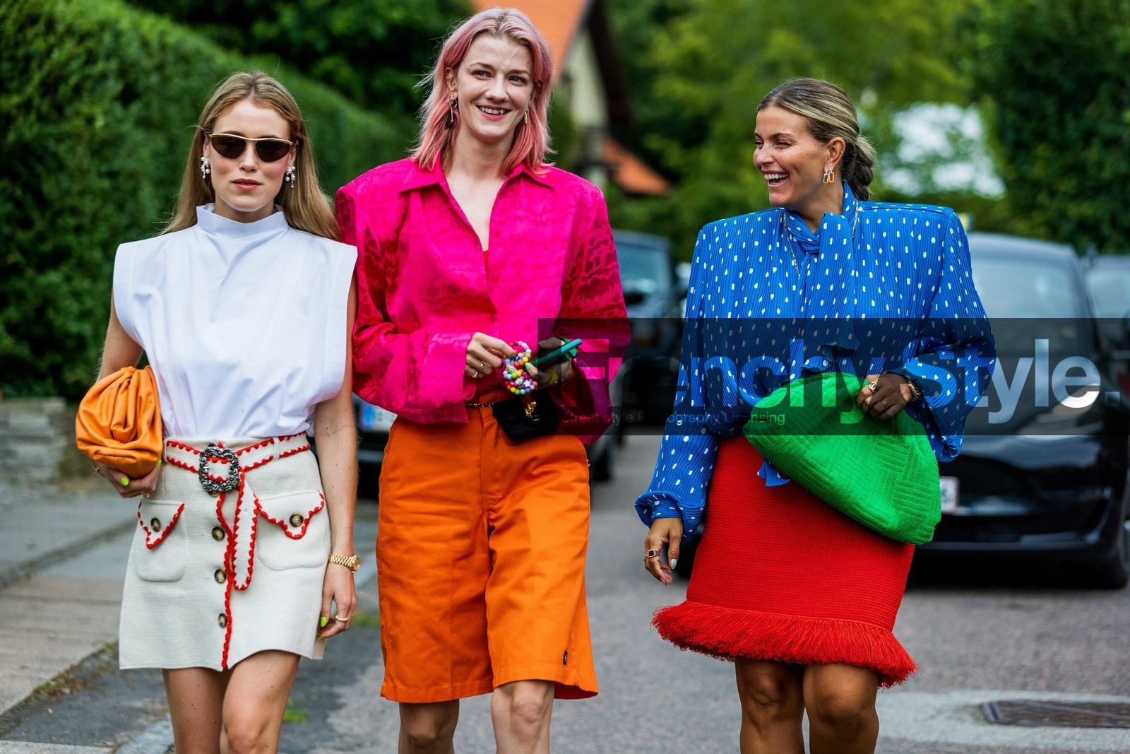bag, balenciaga blouse, beige skirt, belted skirt, bermuda, blouse, blue blouse, bottega veneta bag, bracelet, button skirt, color, color block, dots blouse, earrings, fluo pink shirt, fringes skirt, gold bracelet, leather bag, leather pouch, orange bag, orange bermuda, orange pouch, oversized shoulder, pearl earrings, pink shirt, pouch, print, printed blouse, printed shirt, red skirt, shirt, sunglasses, top, white top, Janka Polliani, Marianne Theodorsen, Annabel Rosendahl, fashion week, frenchystyle, FW, jonathan paciullo, street style, SPRING SUMMER 2022, SS 22, COPENHAGEN, CPHFW, atmosphere details, horizontal